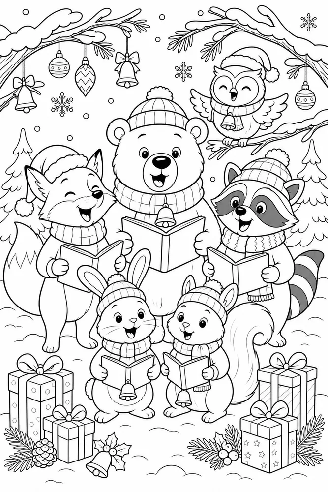 Christmas Animal Woodland Animal Choir in Snow printable coloring page