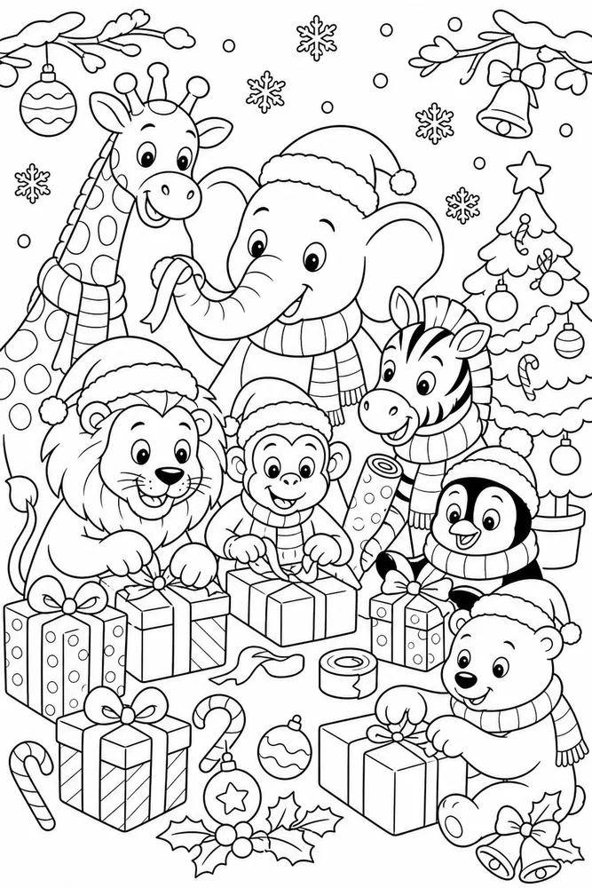 Christmas Animal Zoo Animals Wrapping Gifts printable coloring page