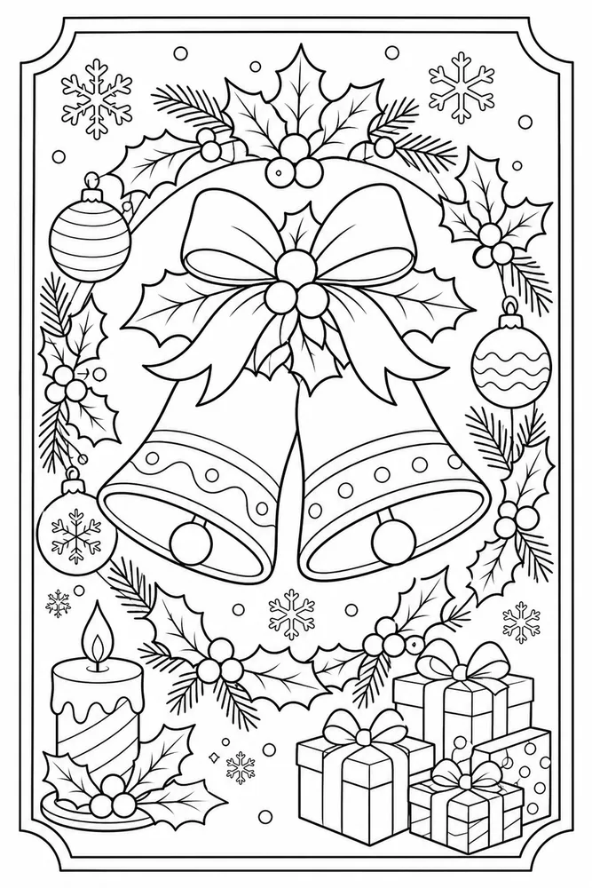 Christmas Card Bells and Holly Card printable coloring page