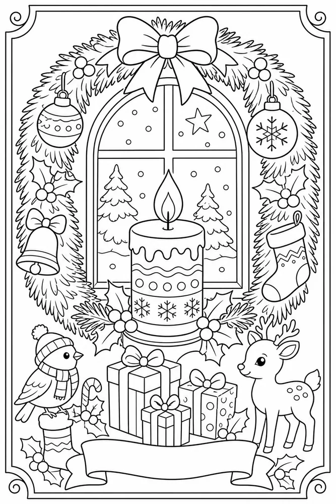 Christmas Card Candle Window Card Design printable coloring page