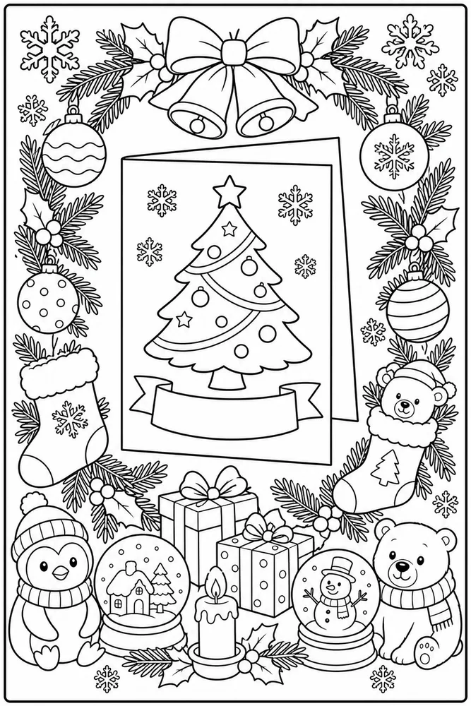 Christmas Card Christmas Tree Card with Blank Banner printable coloring page