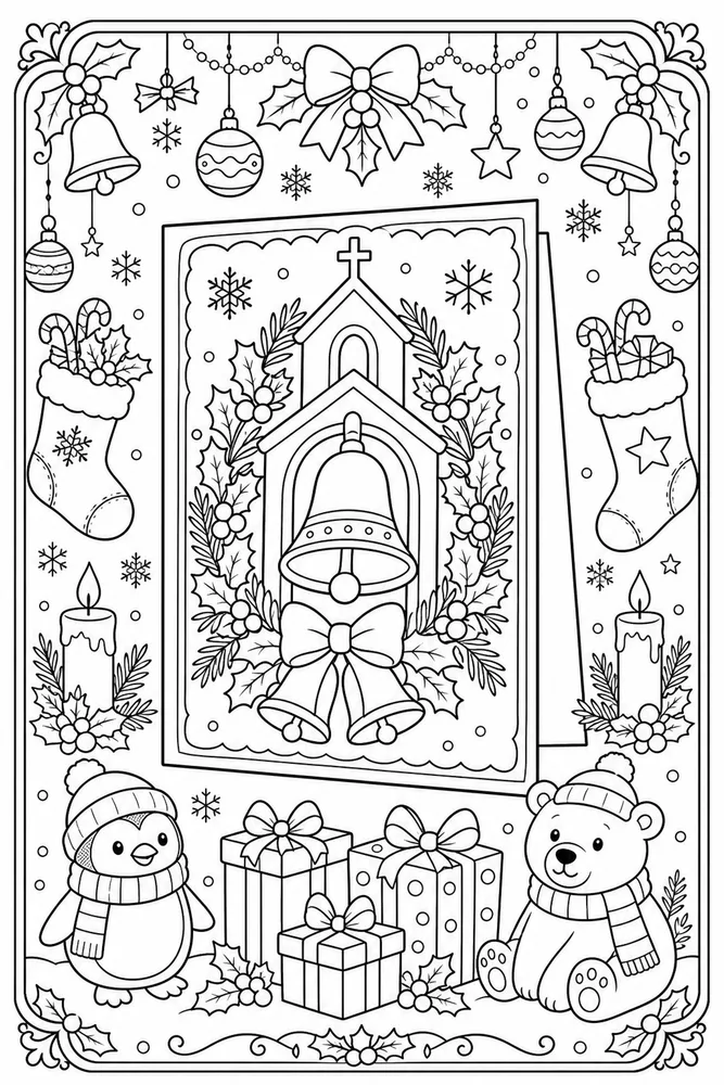 Christmas Card Church Bells Card Front printable coloring page