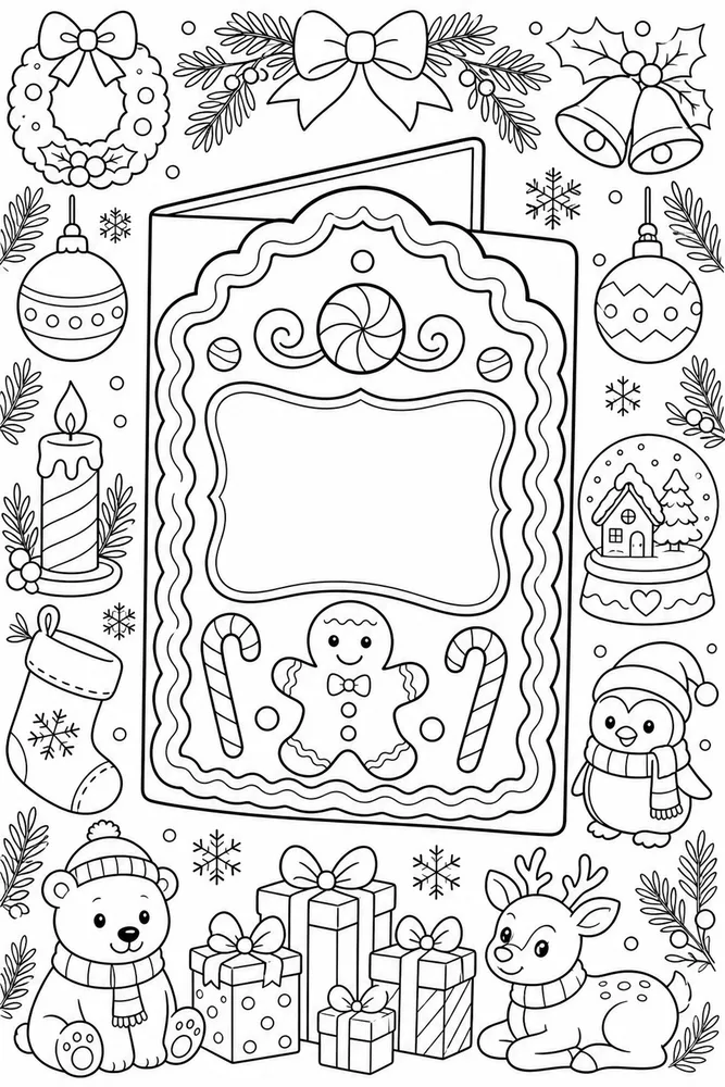 Christmas Card Gingerbread Border Card printable coloring page