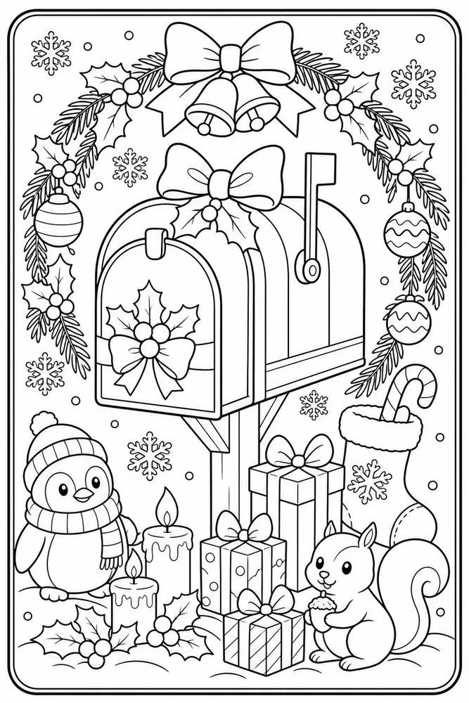 Christmas Card Holiday Mailbox Card Front printable coloring page
