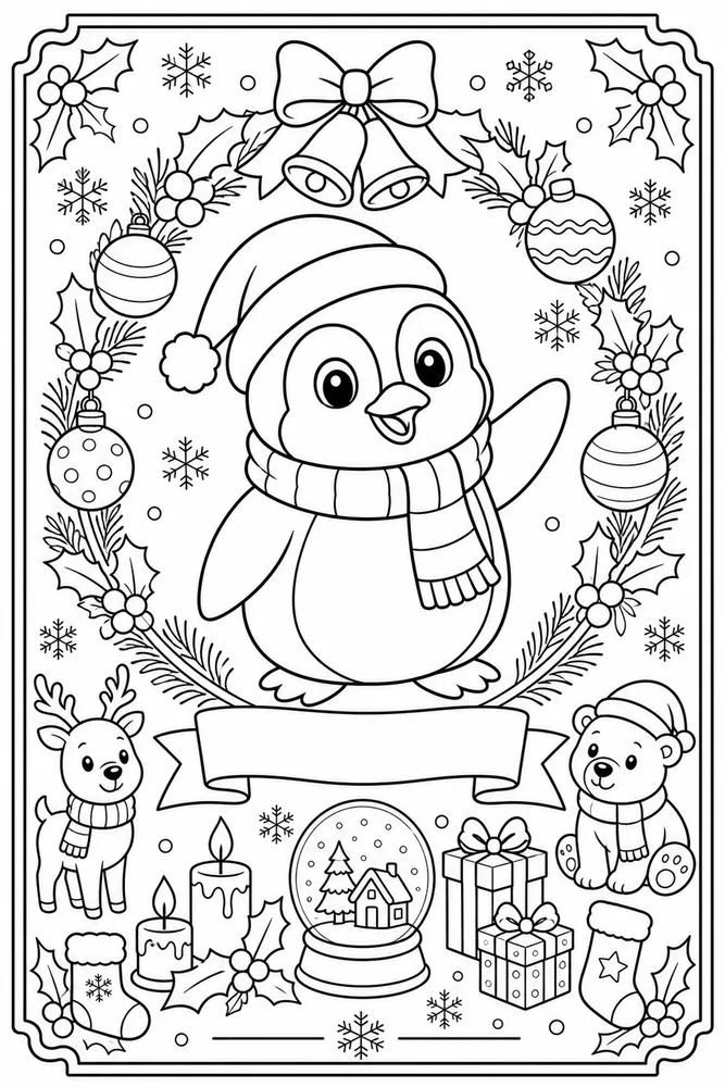Christmas Card Penguin Winter Card Design printable coloring page