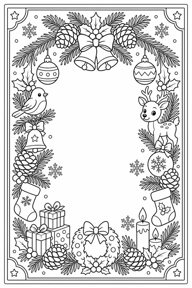 Christmas Card Pine Cone Frame Card printable coloring page