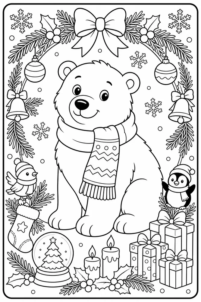 Christmas Card Polar Bear Scarf Card Front printable coloring page
