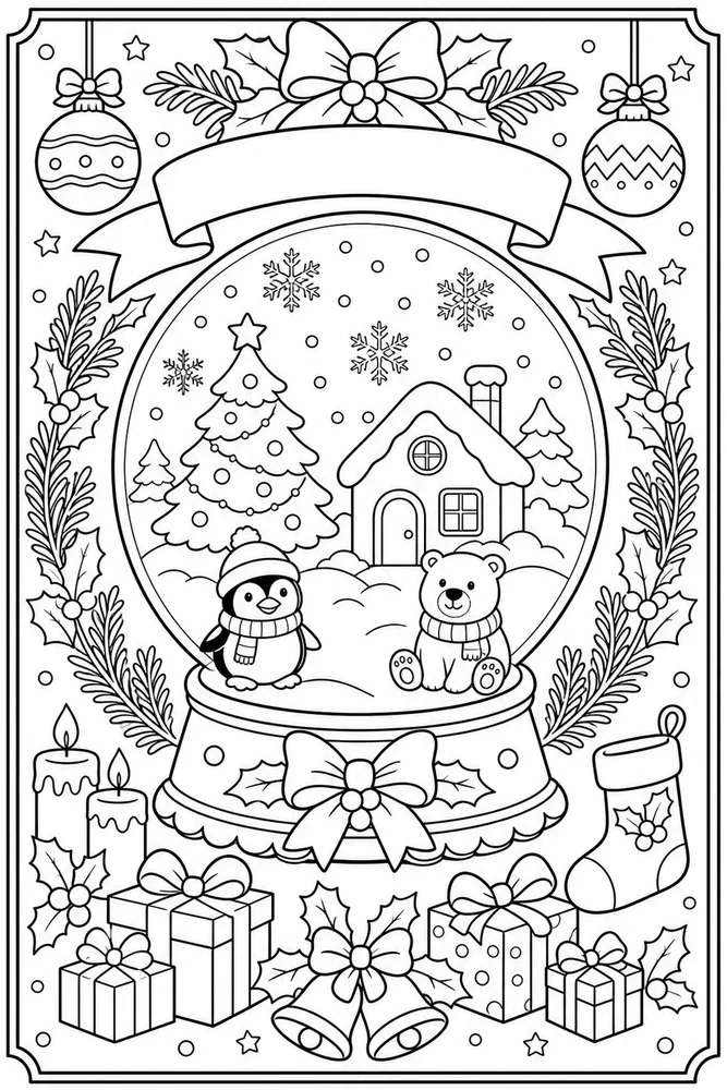 Christmas Card Snow Globe Card Front printable coloring page