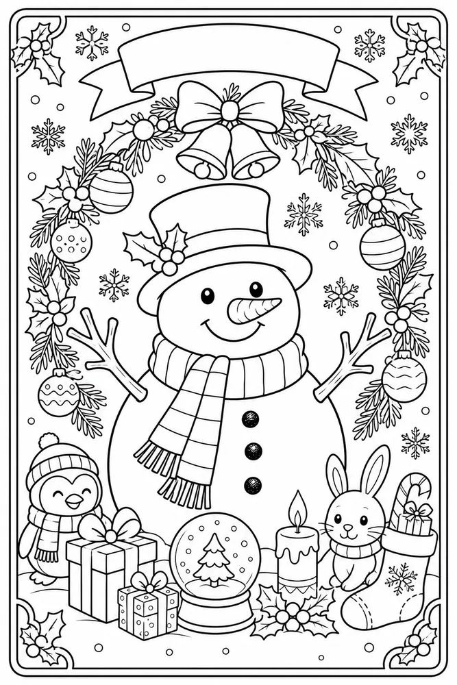 Christmas Card Snowman Greeting Card Front printable coloring page