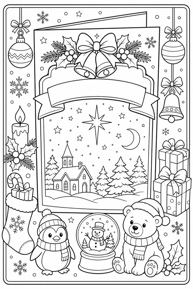 Christmas Card Starry Night Card Front printable coloring page