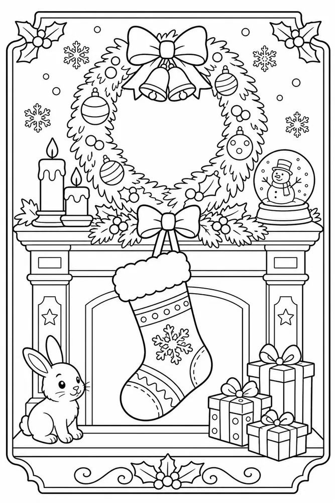 Christmas Card Stocking Mantel Card Front printable coloring page