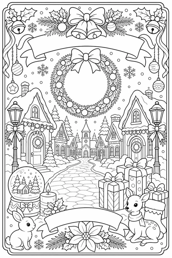 Christmas Card Village Street Card Front printable coloring page