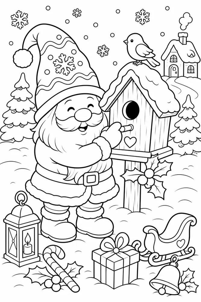 Christmas Gnome Gnome and Birdhouse in Snow printable coloring page