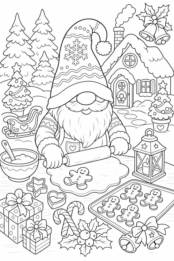 Christmas Gnome Gnome Baking Gingerbread Cookies printable coloring page