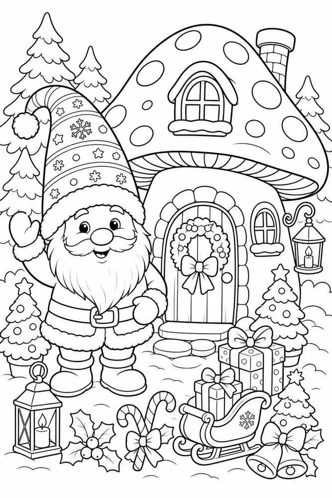 Christmas Gnome Gnome Beside Mushroom House with Wreath printable coloring page