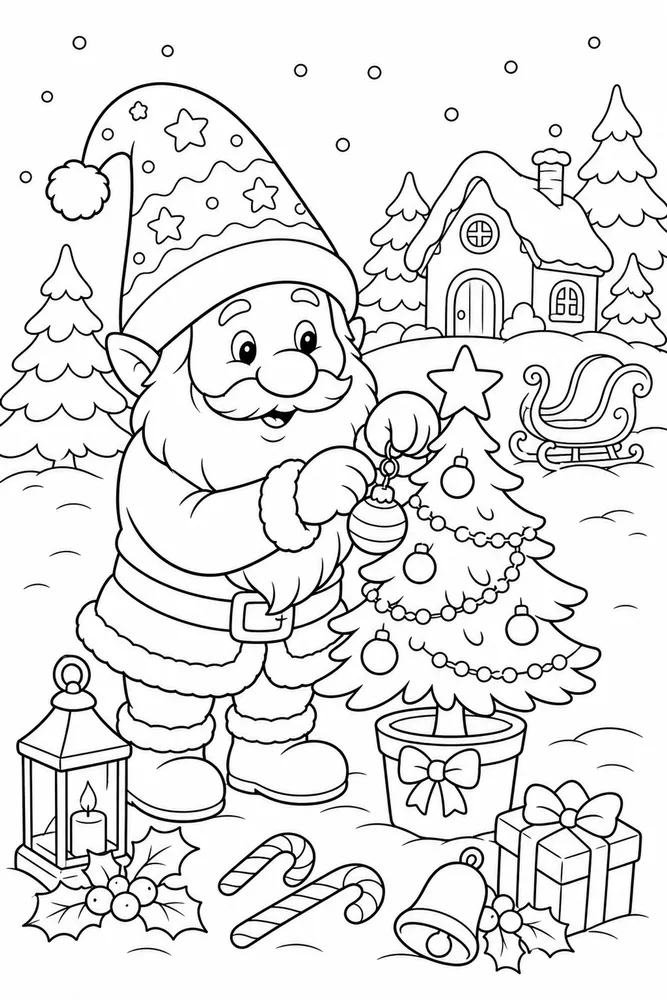 Christmas Gnome Gnome Decorating Tiny Christmas Tree printable coloring page