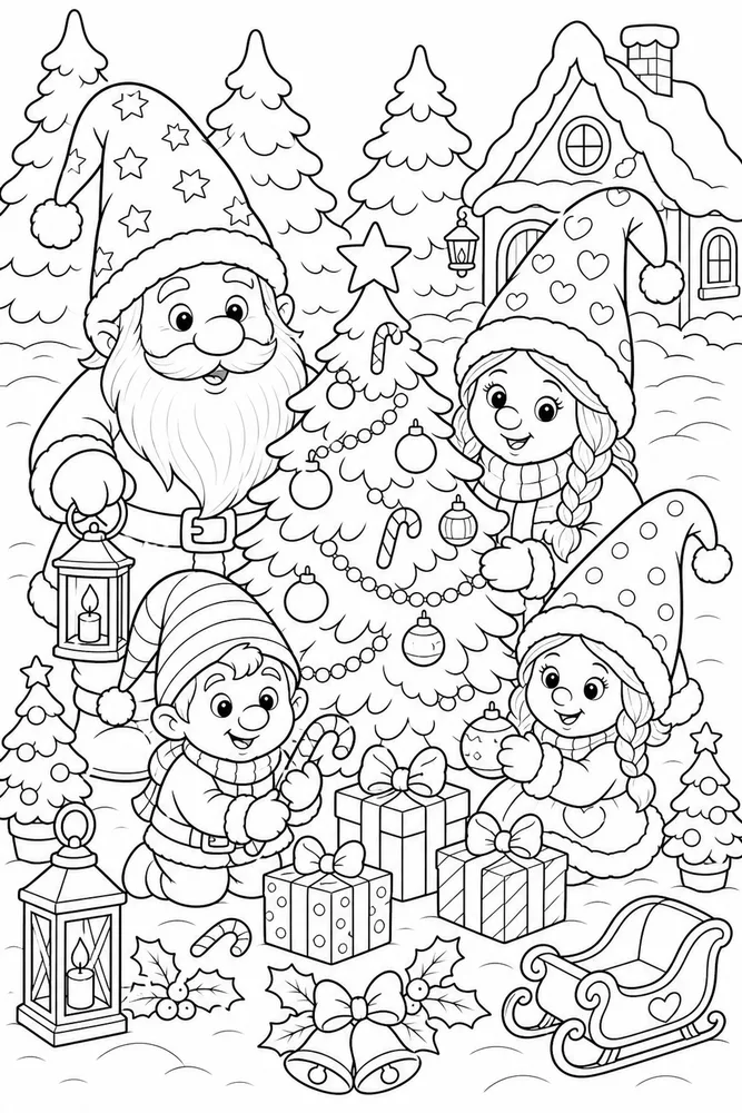 Christmas Gnome Gnome Family Around Christmas Tree printable coloring page