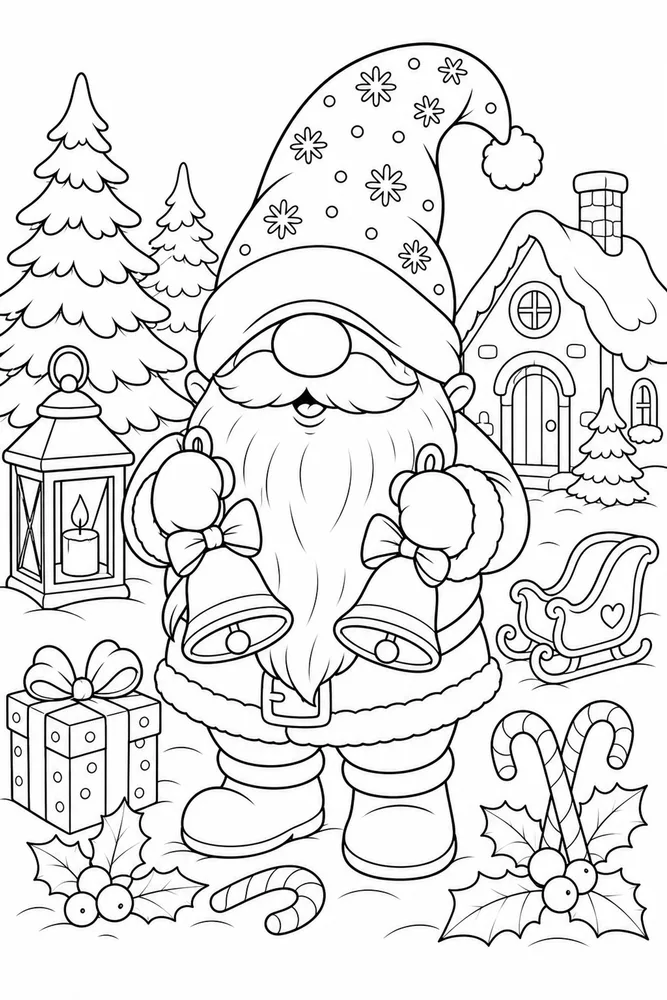 Christmas Gnome Gnome Holding Christmas Bells printable coloring page
