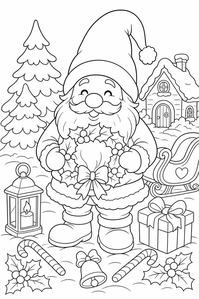 Christmas Gnome Gnome Holding Holly Wreath printable coloring page
