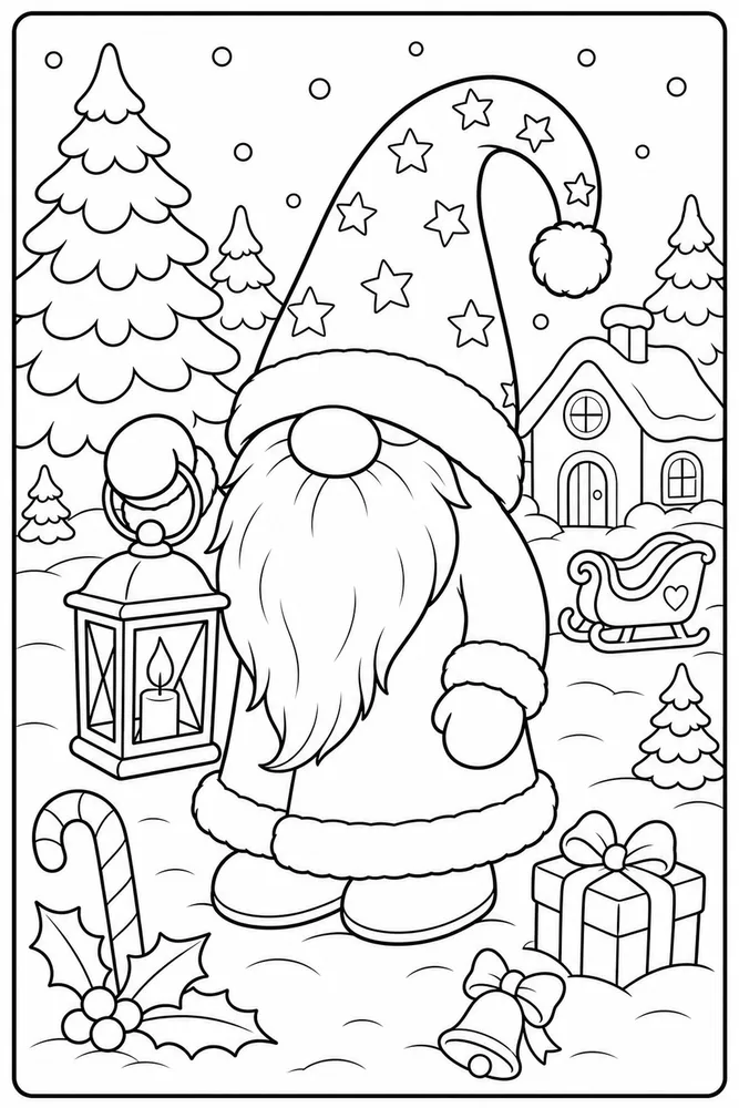 Christmas Gnome Gnome Holding Lantern in Snow printable coloring page