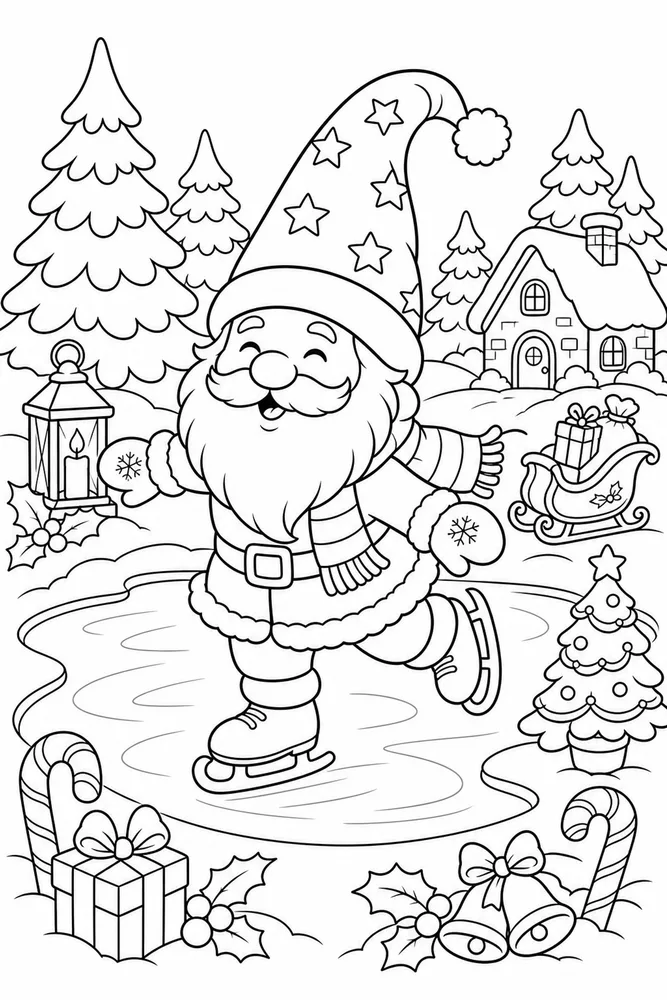 Christmas Gnome Gnome Ice Skating on Pond printable coloring page