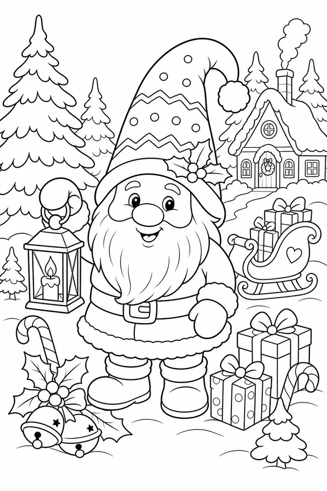 Christmas Gnome Gnome in Pine Forest Clearing printable coloring page