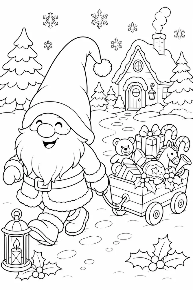 Christmas Gnome Gnome Leading Toy Wagon printable coloring page