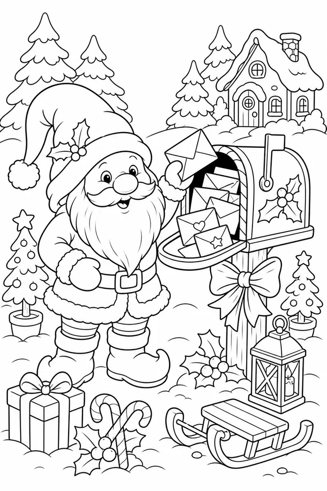 Christmas Gnome Gnome Mailbox with Holiday Letters printable coloring page