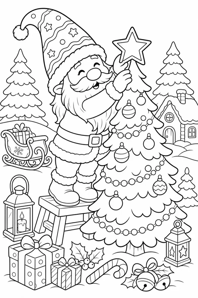 Christmas Gnome Gnome Placing Star on Tree printable coloring page