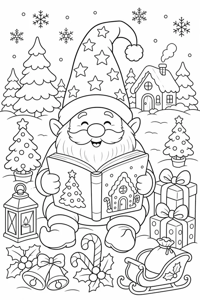 Christmas Gnome Gnome Reading Holiday Storybook printable coloring page