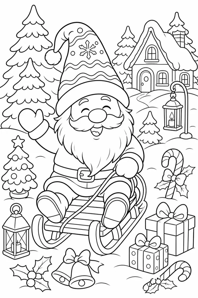 Christmas Gnome Gnome Riding Small Sled printable coloring page
