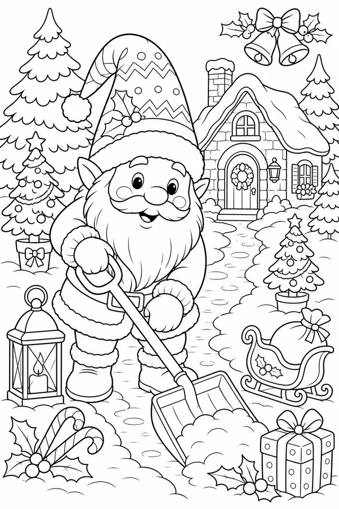 Christmas Gnome Gnome Shoveling Snowy Path printable coloring page