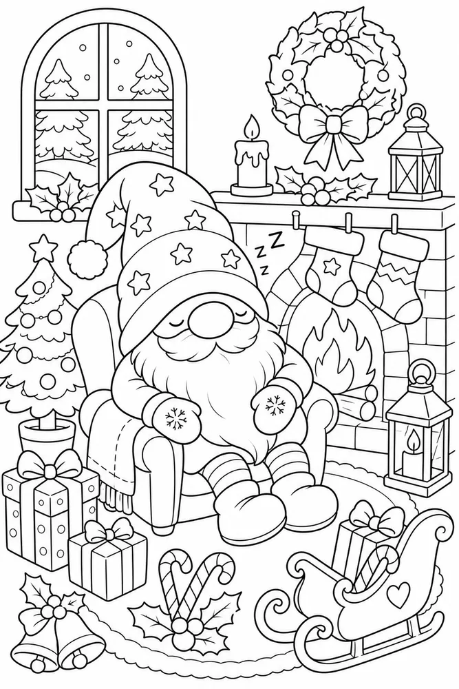 Christmas Gnome Gnome Sleeping by Fireplace printable coloring page