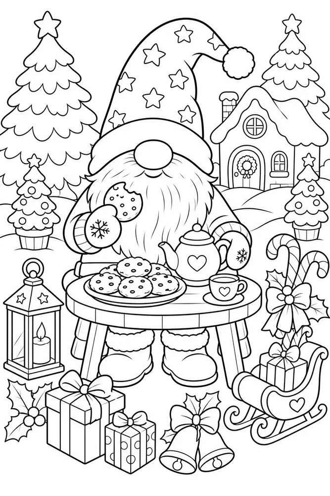Christmas Gnome Gnome Tea Table with Cookies printable coloring page
