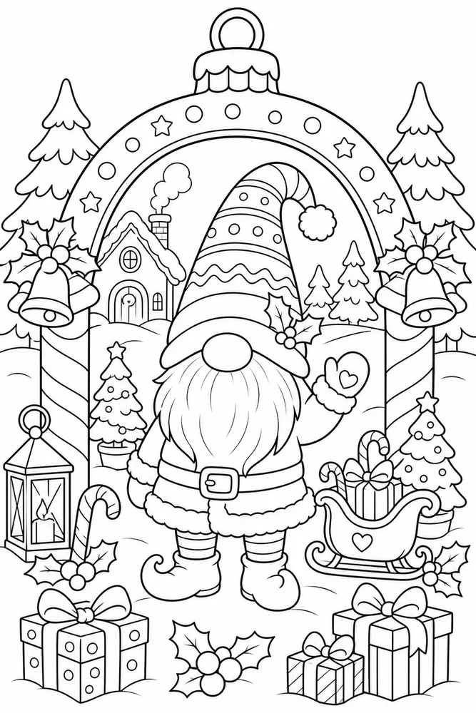 Christmas Gnome Gnome Under Giant Ornament Arch printable coloring page