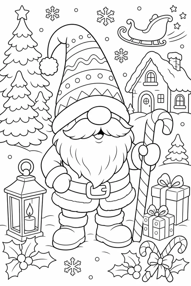 Christmas Gnome Gnome with Candy Cane Staff printable coloring page