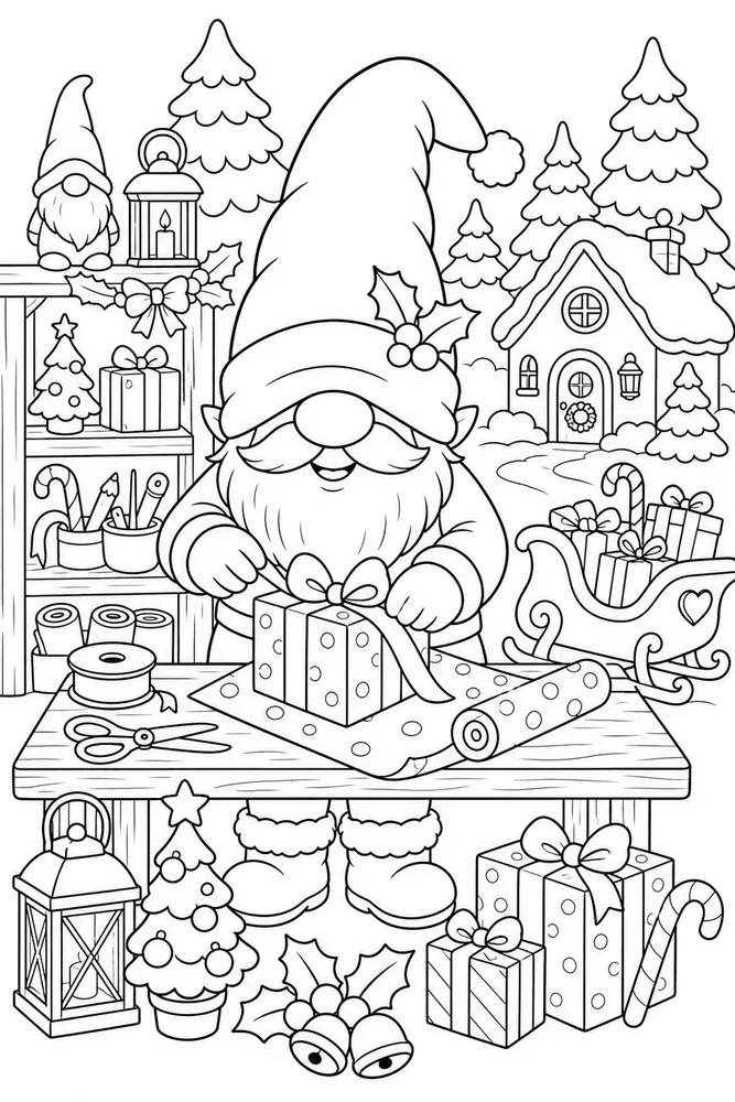 Christmas Gnome Gnome Workshop Wrapping Gifts printable coloring page