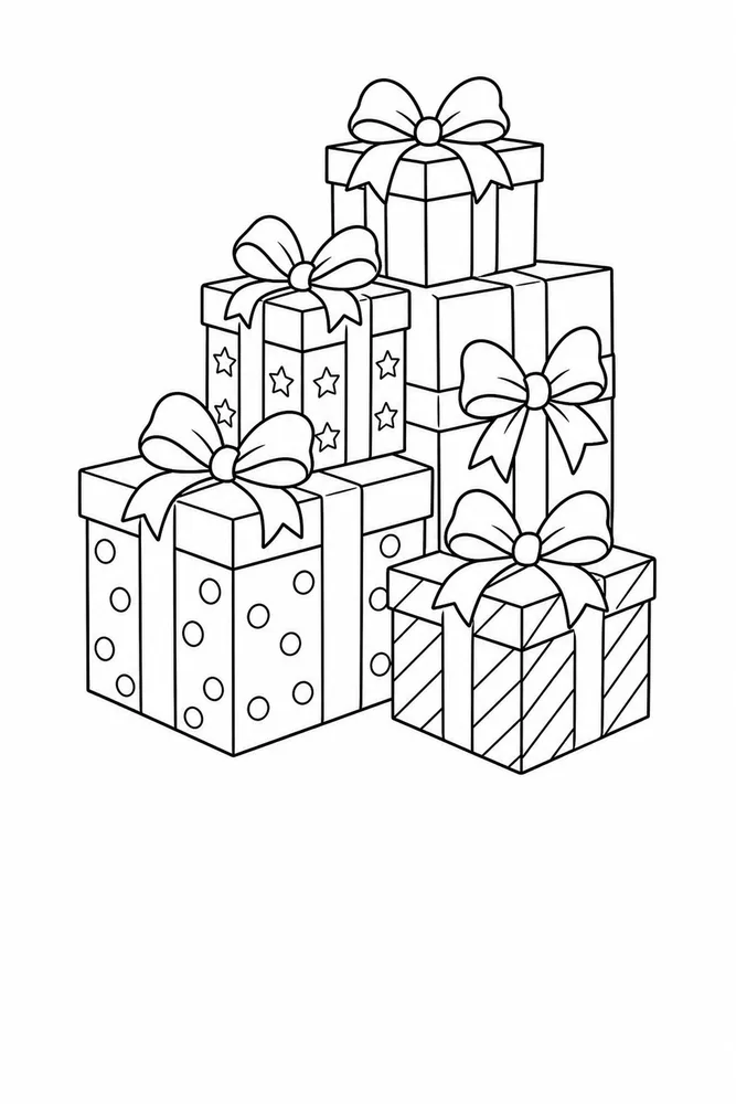 Christmas Presents Coloring Pages preview: Christmas Presents Christmas presents front portrait coloring page