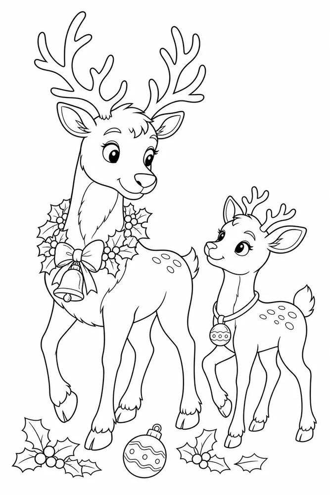 Christmas Reindeer Christmas reindeer family scene coloring page