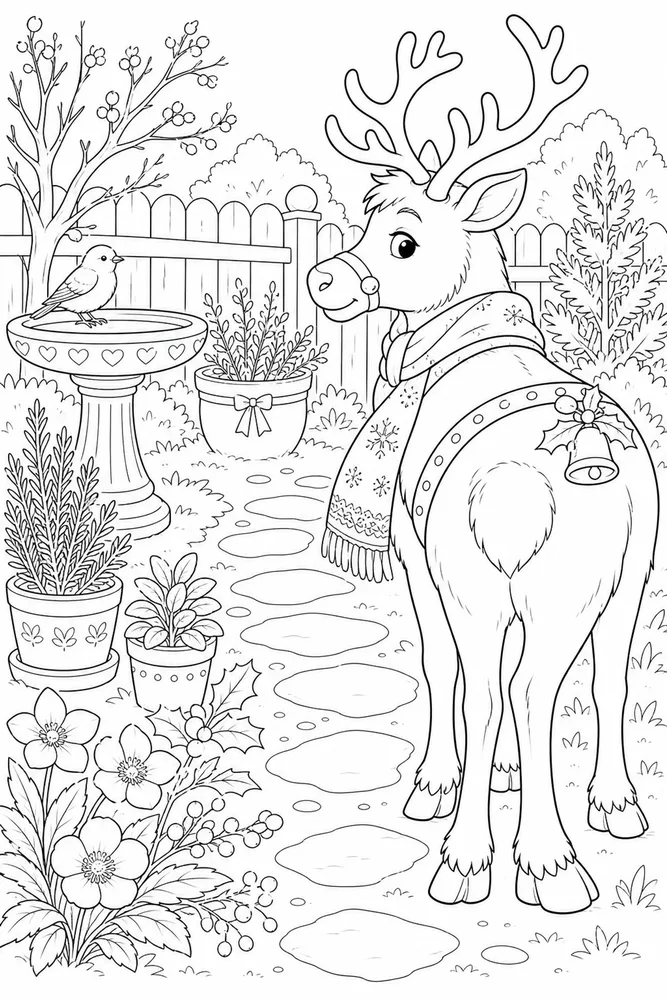 Christmas Reindeer Christmas reindeer garden setting coloring page