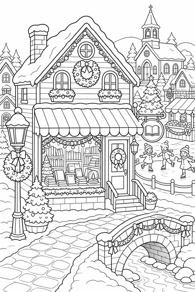 Christmas Village Bookstore with Holiday Window printable coloring page