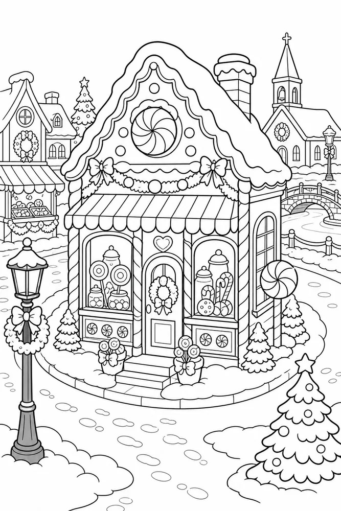 Christmas Village Candy Shop on Snowy Corner printable coloring page