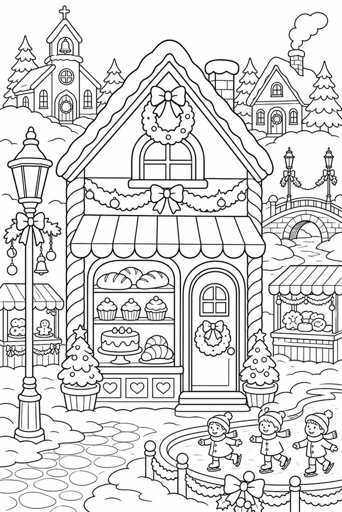 Christmas Village Christmas Bakery Storefront printable coloring page
