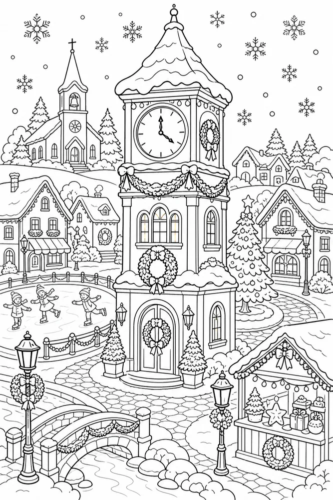 Christmas Village Clock Tower with Snowflakes printable coloring page