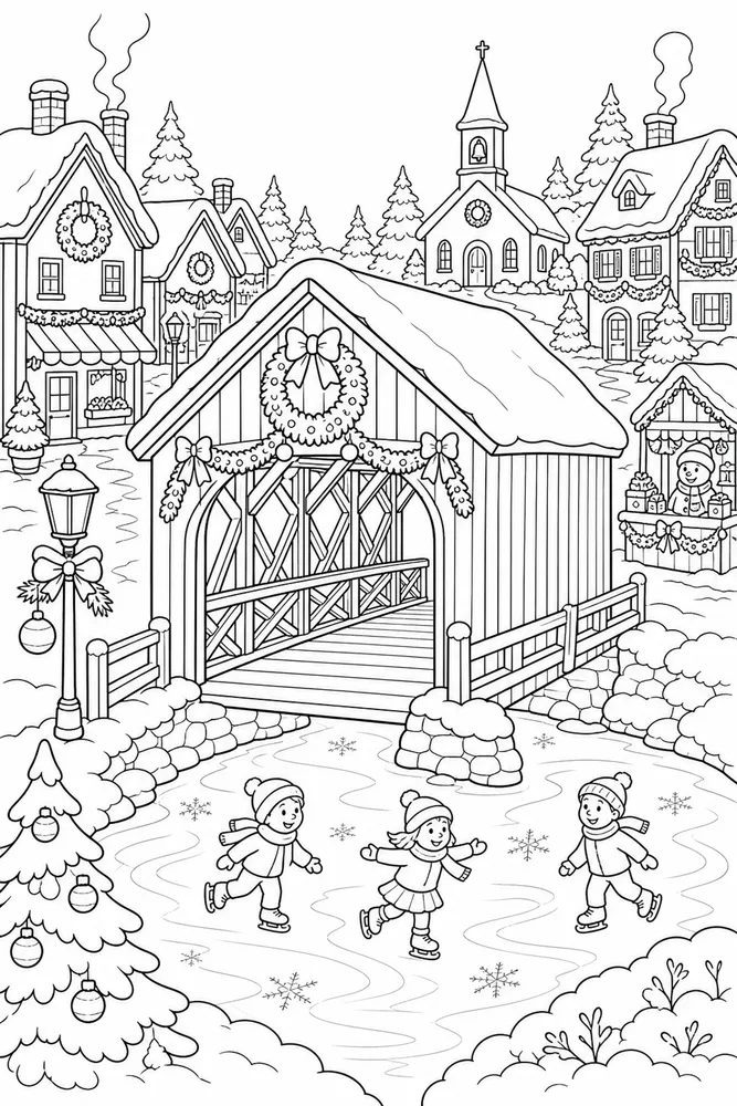 Christmas Village Covered Bridge Over Frozen Creek printable coloring page