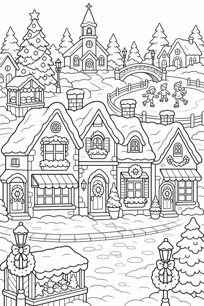 Christmas Village Cozy Cottage Row with Wreaths printable coloring page