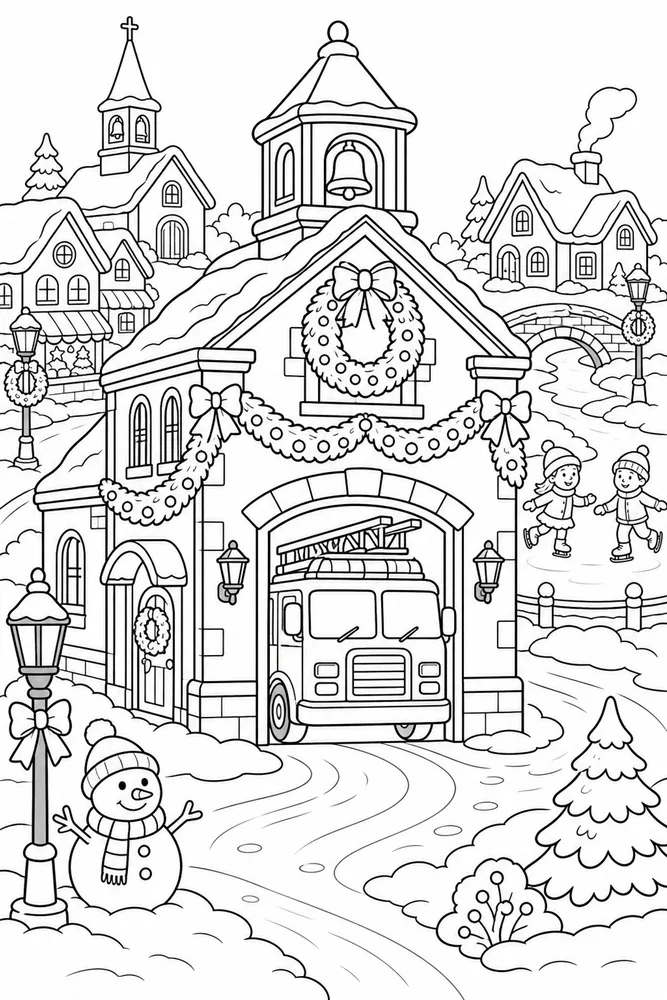 Christmas Village Firehouse Decorated with Garland printable coloring page