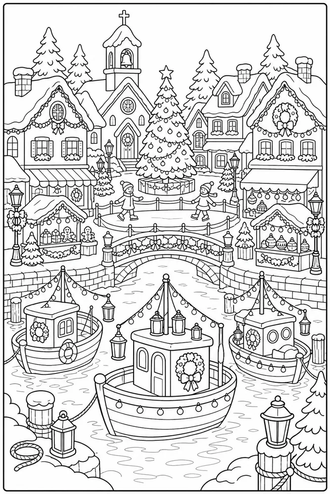 Christmas Village Harbor Village with Lit Boats printable coloring page