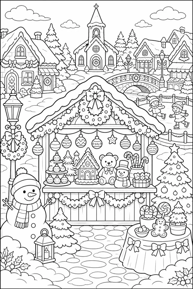 Christmas Village Holiday Market Stalls printable coloring page