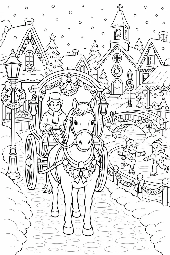 Christmas Village Horse Carriage on Village Road printable coloring page